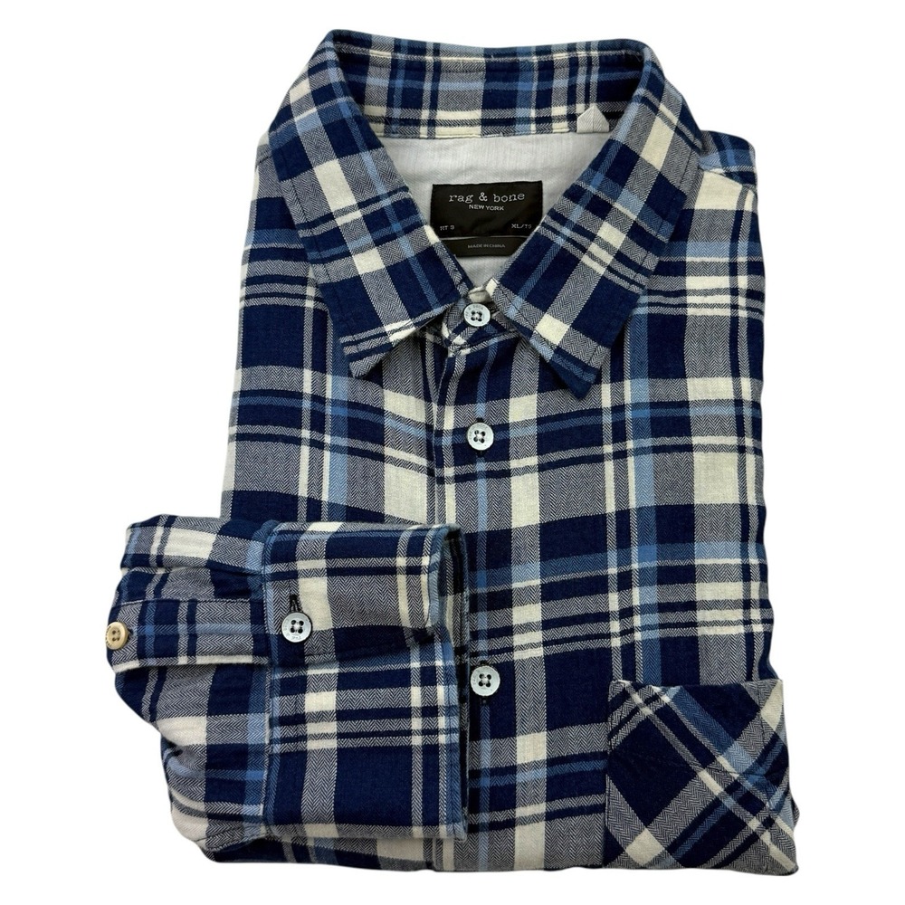 rag & bone Fit 3 Flannel Long Sleeve Cotton Shirt Men's Size XL Blue White Plaid